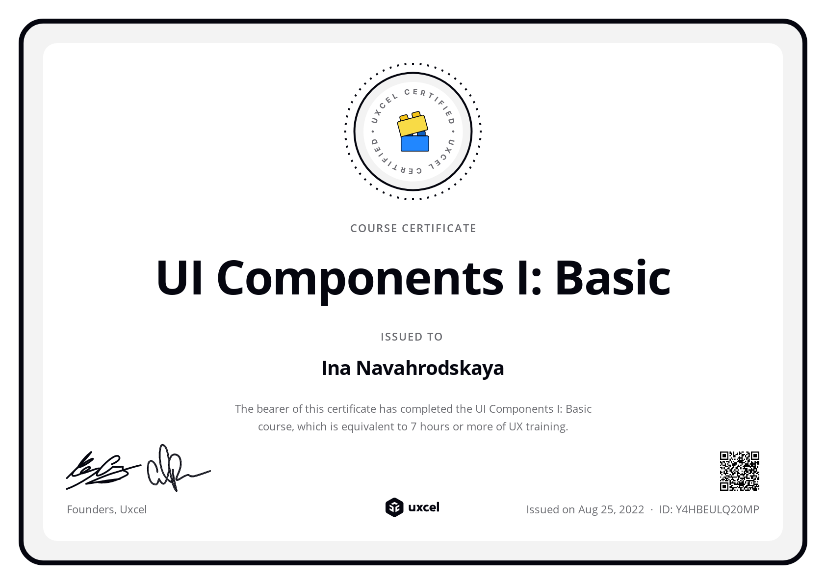 Ina Navahrodsky's certificate